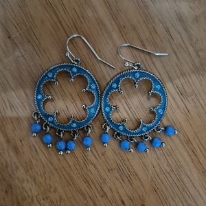 Turqoise Blue Bohemian Dangle Earrings Gold Toned With Blue Beads And Jems